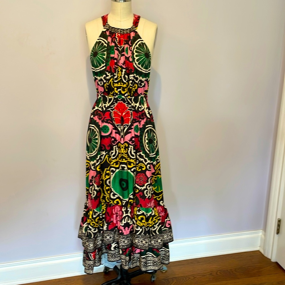 Halter neck high low ruffled midi dress